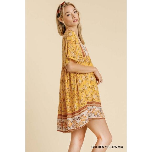 Umgee Gold Yellow Short Sleeve V-Neck Floral Print Boho Babydoll Mini Dress, S - Picture 4 of 5